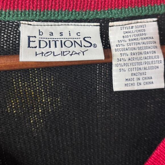 Basic Editions vintage Holiday Black Plaid Gift Embroidered Cardigan Sweater L - Picture 8 of 8
